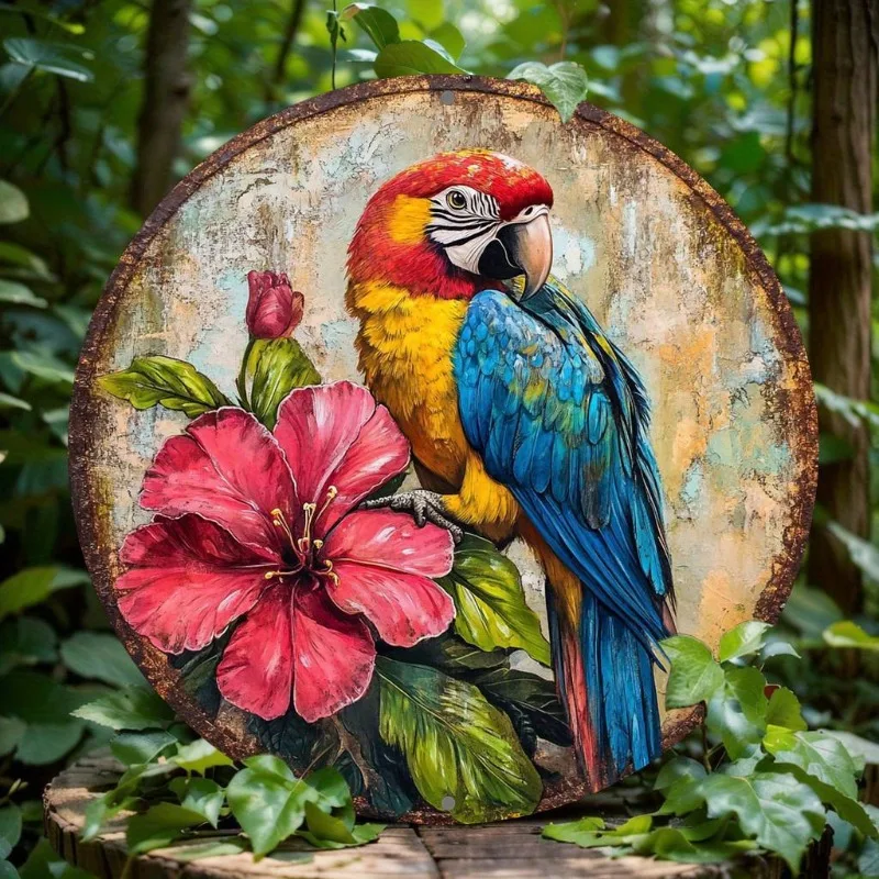 Parrot and Floral Round Metal Wall Art, Aluminum Decorative Sign for Home, Office, Bar, and Party Decor, Easy Installation