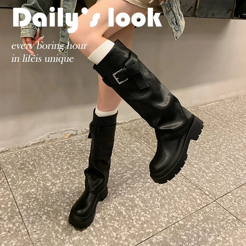 2026 new autumn winter women knee-high boots natural leather 22-24.5cm cowhide+microfiber belt buckle pants boots long boots