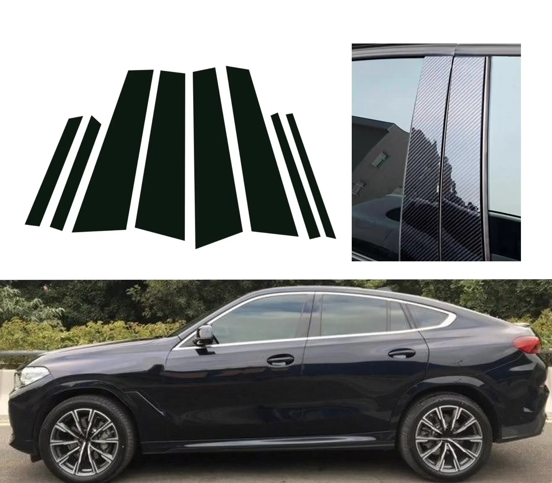 Complete 6PCS High Gloss Black & Silver Carbon B & C Pillar Cover Set For BMW X6 G06 2020-2023 Full Exterior Upgrade Kit