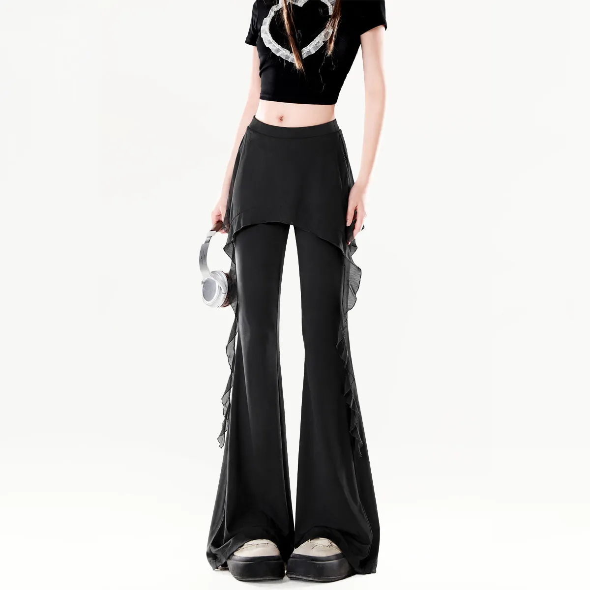 Slimming Black Bell Bottom Pants Women's Casual Trousers Fake Two-Piece Design Spring Autumn New Style Comfortable Cotton Blend