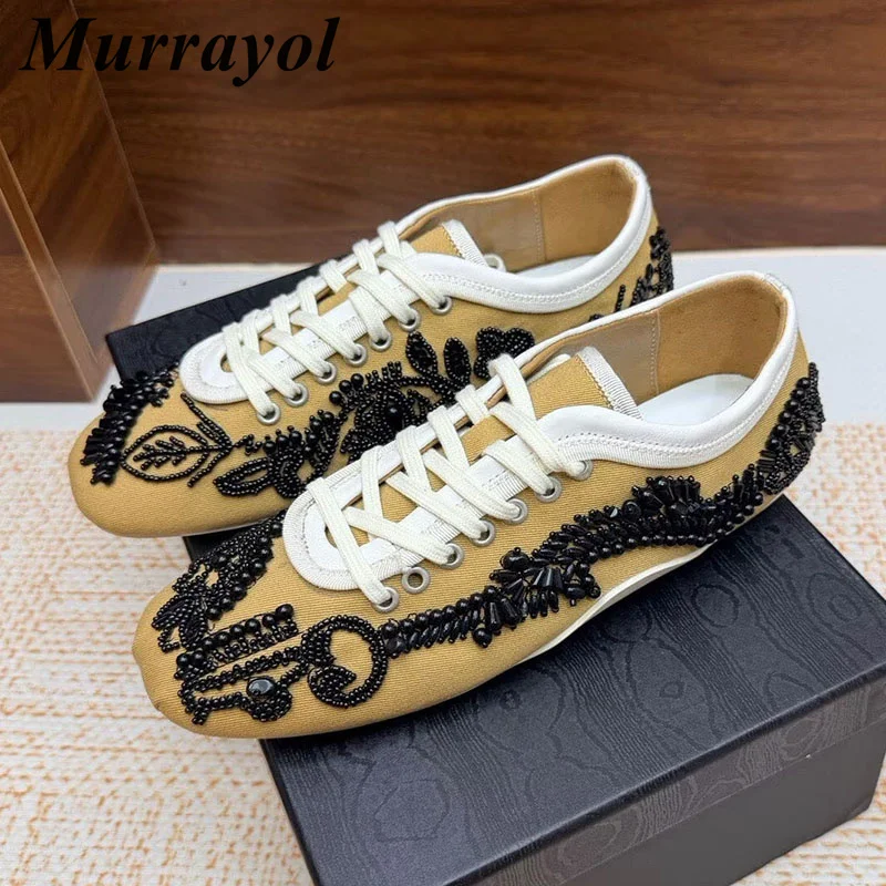 Casual Shoes Round Toe Solid Color Retro Flats Women Lace Up String Bead Decor Flat Shoes Spring Autumn Vacation Walking Shoes