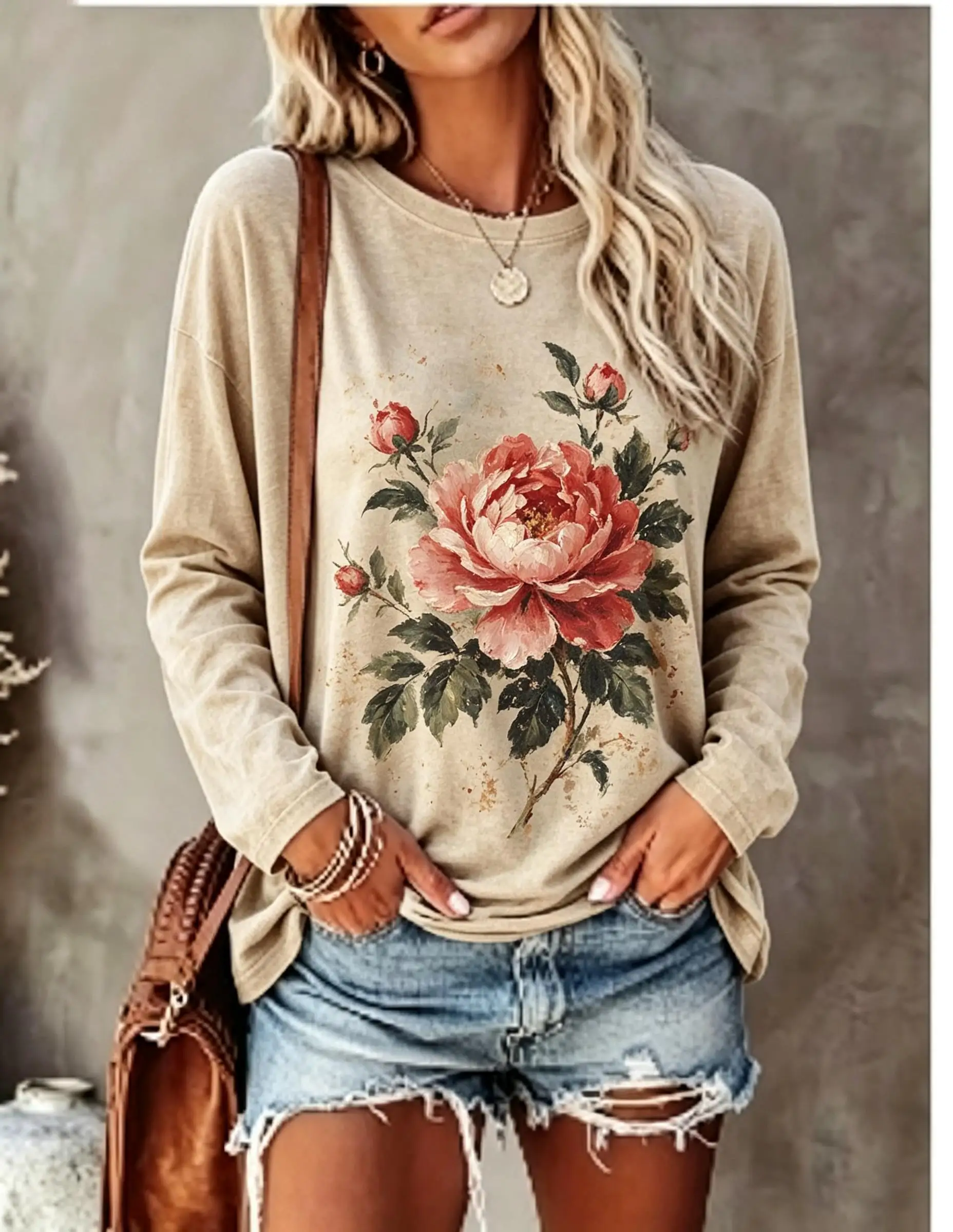 Women Long Sleeve T Shirt Vintage Purple Rose Floral Print Crew Neck Casual Boho Fall Tops image 3