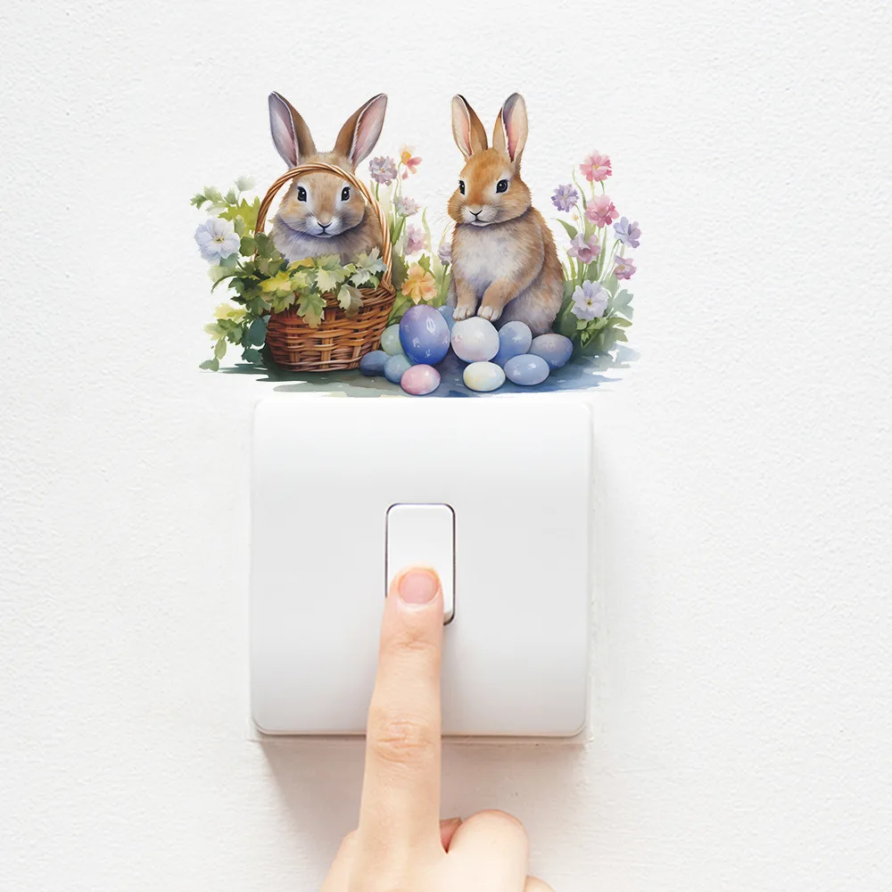 Cute Rabbit Flower Cluster Switch Sticker For Kids Room Socket Decoration Mural Cartoon Bedroom Decor Self-adhesive Wall Decals