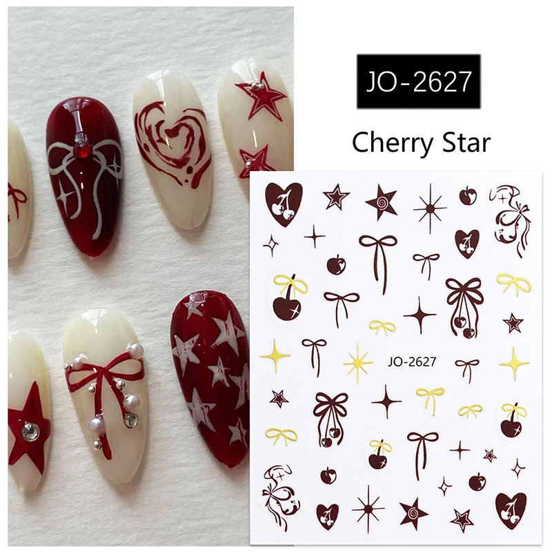 Laser Kirsche Erdbeer Bowknot Liebe Herz Blume geprägt Relief selbst klebende Nail Art Aufkleber 3d Maniküre Dekoration Aufkleber