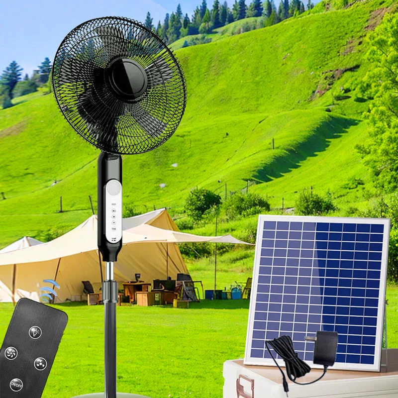 مروحة تخييم خارجية، عمر بطارية طويل، سعة كبيرة، مروحة أرضية تعمل بالطاقة الشمسية، كهربائية كبيرة تعمل بالتحكم عن بعد