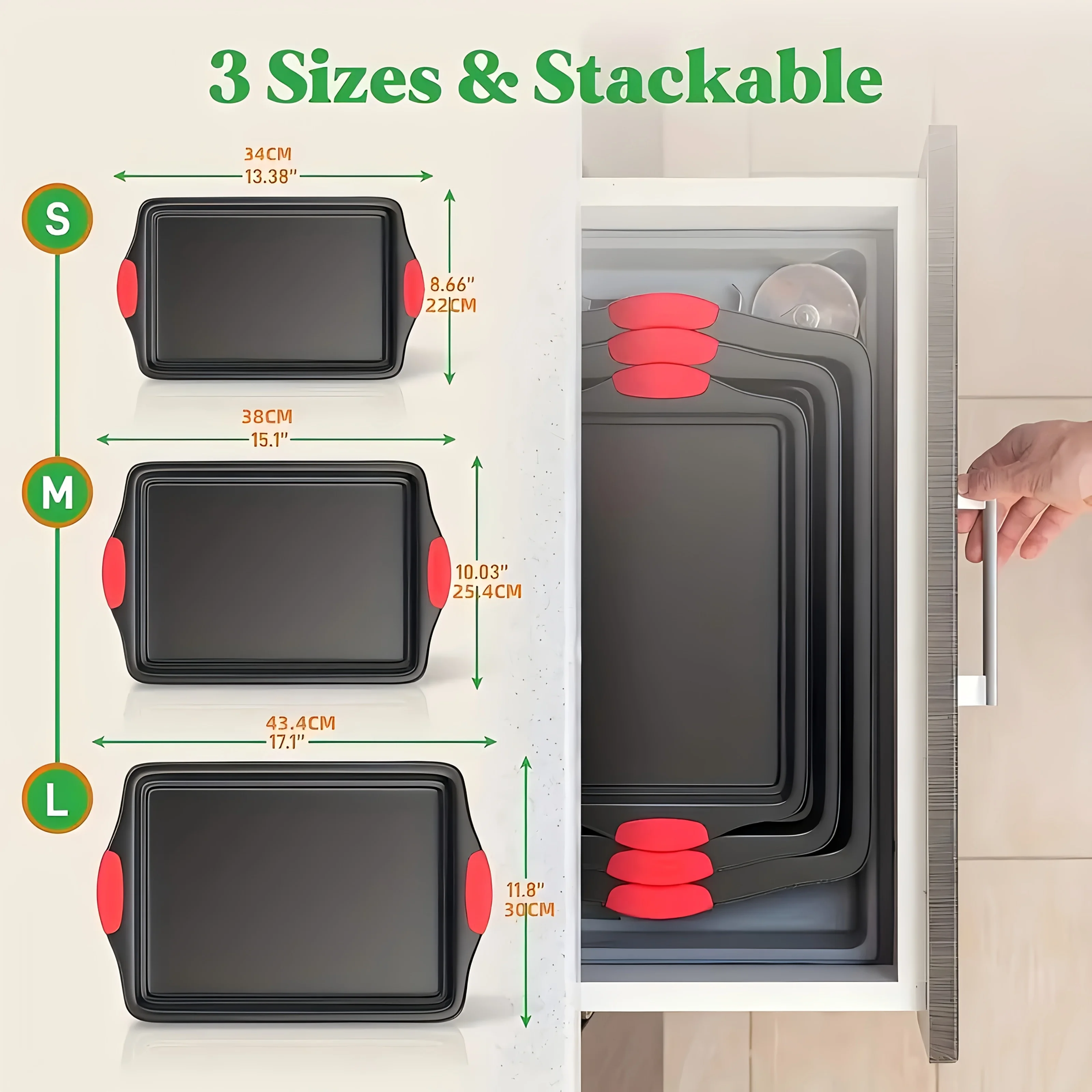 Non-Stick Carbon Steel Baking Tray - Large Cake Cookie Pan with Silicone Handles, Oven Safe Dishwasher Friendly Baking Dishes