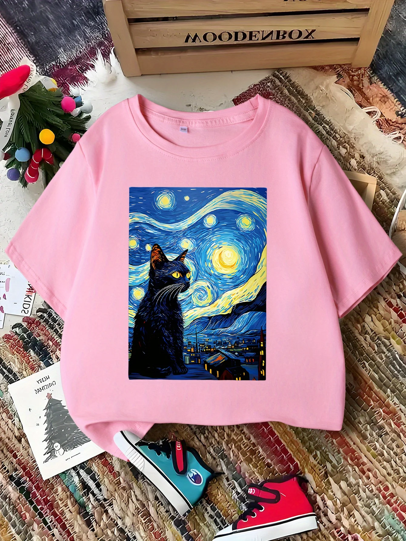 Starry Night Black Cat Painting Print Kids Tee Boys Girls Family Matching Sleeve Soft Breathable Parent Child Daily Comfort Tops