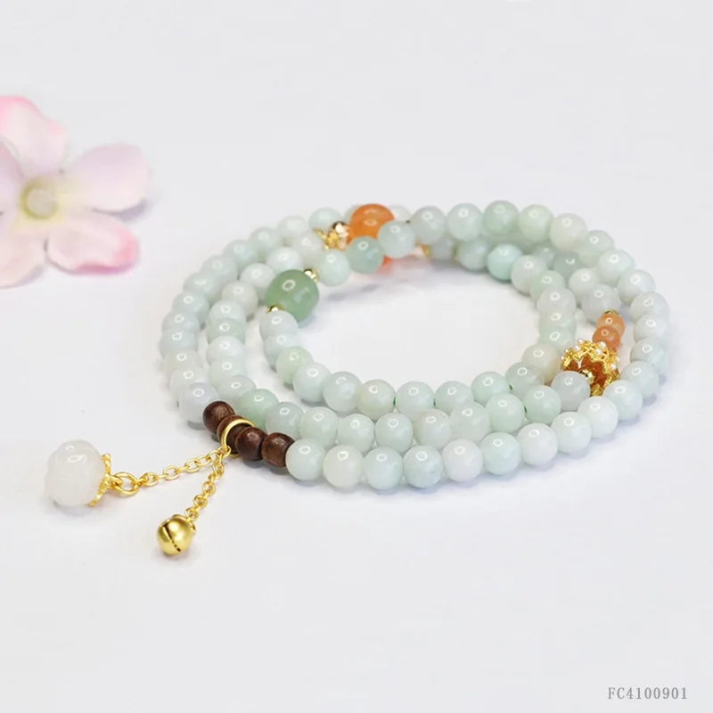 ​ ​ Pulsera multihebra de jade natural de Myanmar y madera de agar: joyería de piedras preciosas de estilo antiguo con jadeíta y sándalo ​ ​