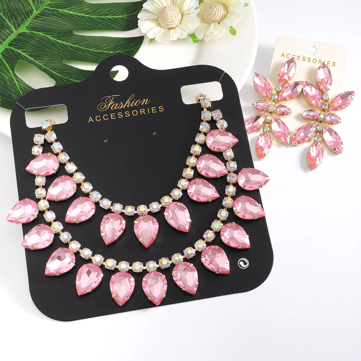 girlgo Luxury Necklace Earrings Sets Colorful Rhinestone Necklace Women\'s Wedding Bridal Jewelry Accessories