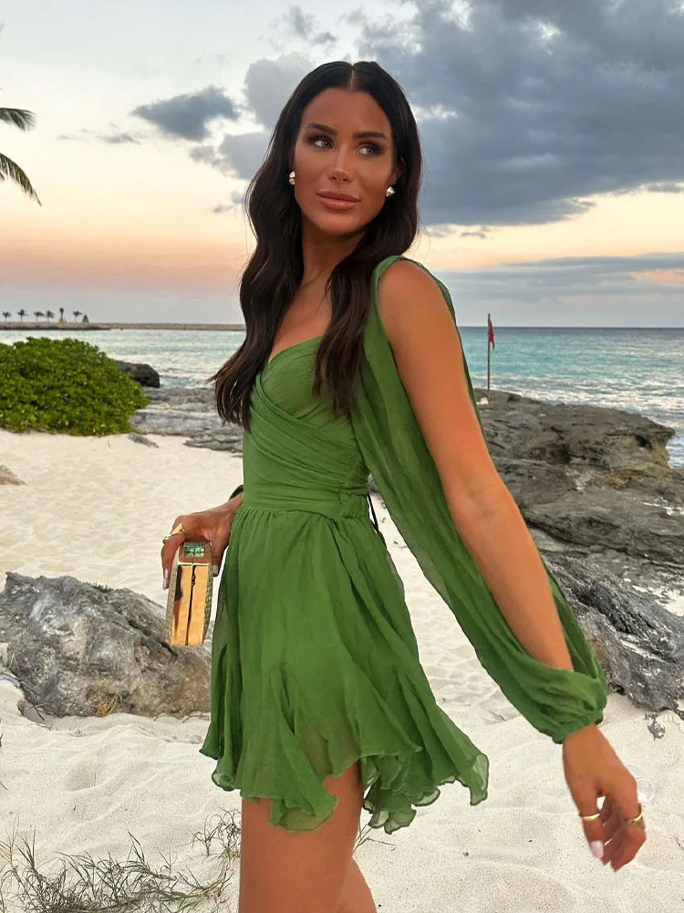 HH Female Chic Summer Chiffon Cut Out Backless Lace Up Mini Dress Woman Elegant Long Sleeve  Beach Vacation Dresses Mujer