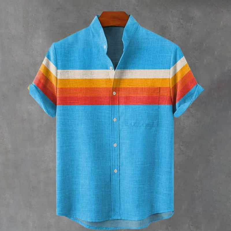 2025 Summer New Stripe Jihe Art 3D Printing Pullover Casual Fashion Men's Short Sleeve Street Linen Shirt
