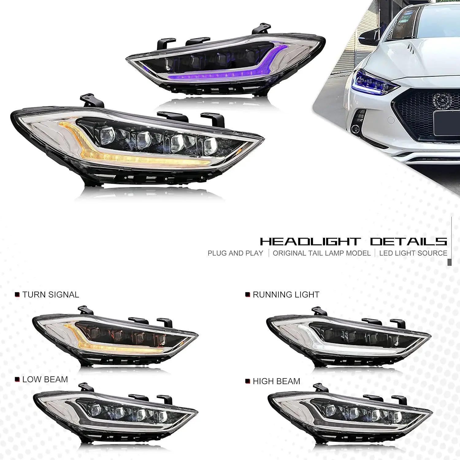 LED Headlights For Hyundai Elantra 2017 2018 With The Start Up Animation Front Lamp Assembly (Black)