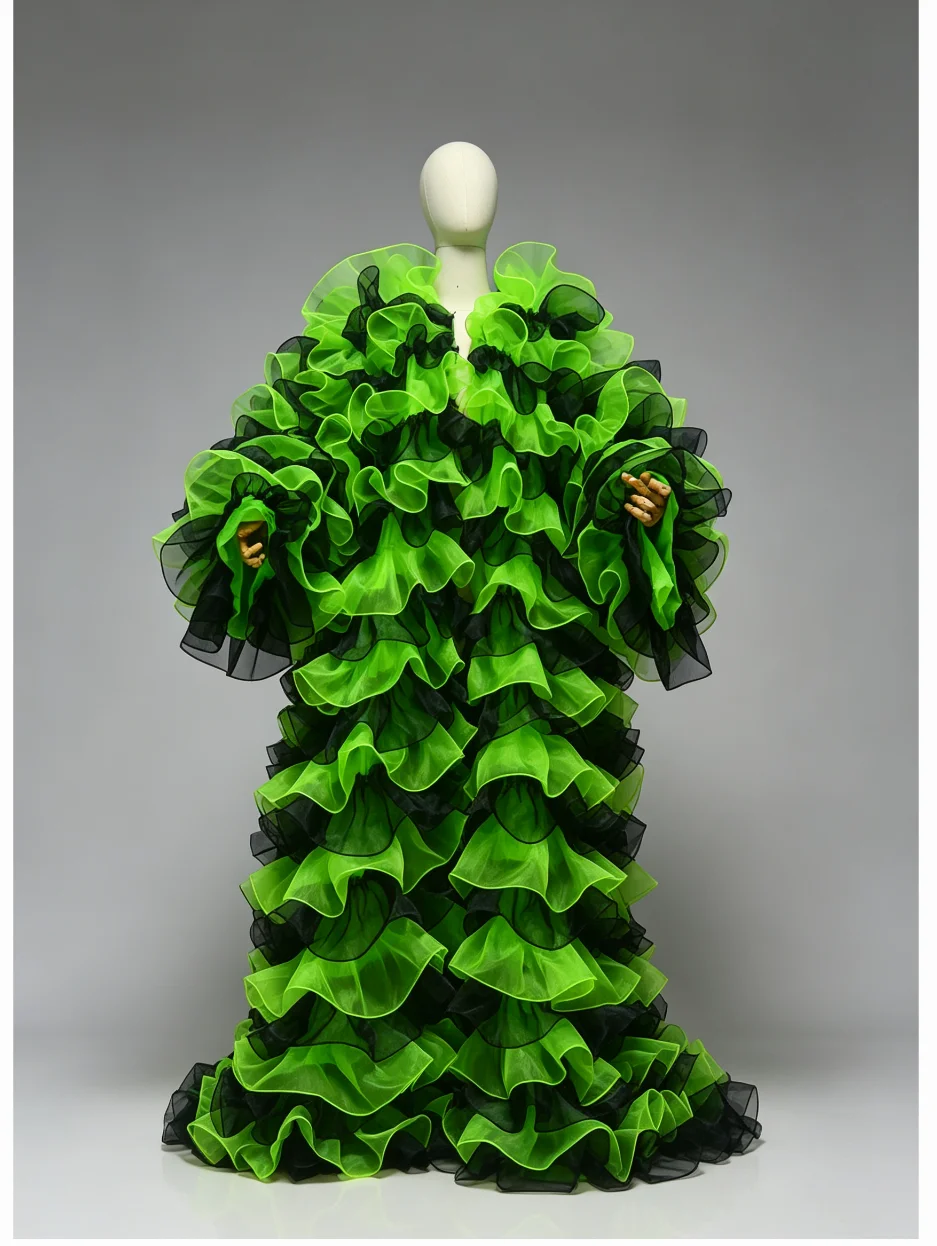 Layered Ruffled Organza Long Coat Green Black Trim Tulle Jacket Oversized Robe Photoshoot Party Stage Performance cloak robe