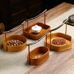 Hand-made bamboo basket with handle, Chinese retro tea set, lacquer woven storage box, portable fruit basket