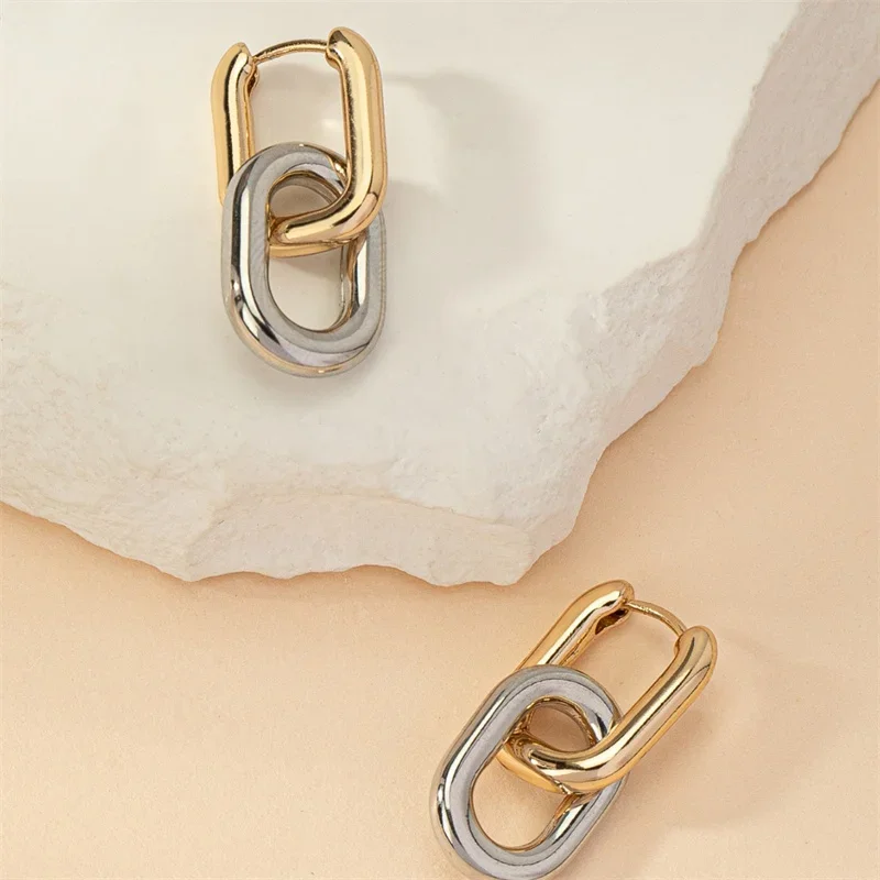 Stainless Steel Fashion Gold Color Geometric Square Hoop Earrings for Women Huggie Punk Hip-Hop Metal Round Circle Party Jewelry
