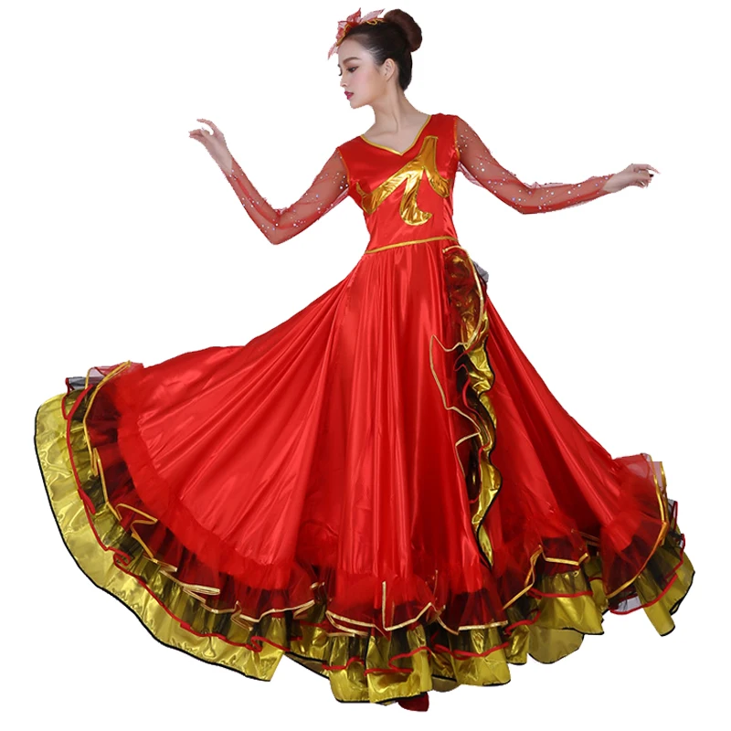 Vestido de Flamenco para mujer, faldas de danza del vientre de España, trajes de salón, danza gitana española, coro de flores, ropa puesta en escena
