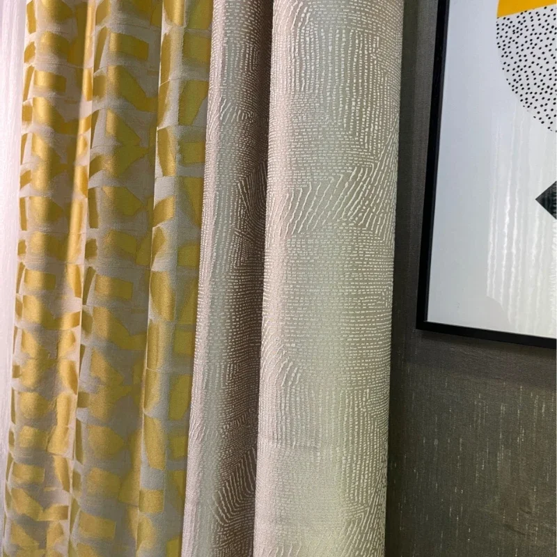 Golden Geometric Square Pattern Simulation Luster Jacquard Blackout Curtains for Living Room Bedroom Finished Product