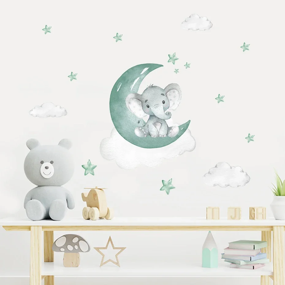 Watercolor Cartoon Elephant Moon Stars Blue Green Wall Stickers Nursery Wall Decals Art Posters Kids Bedroom Interior Home Decor