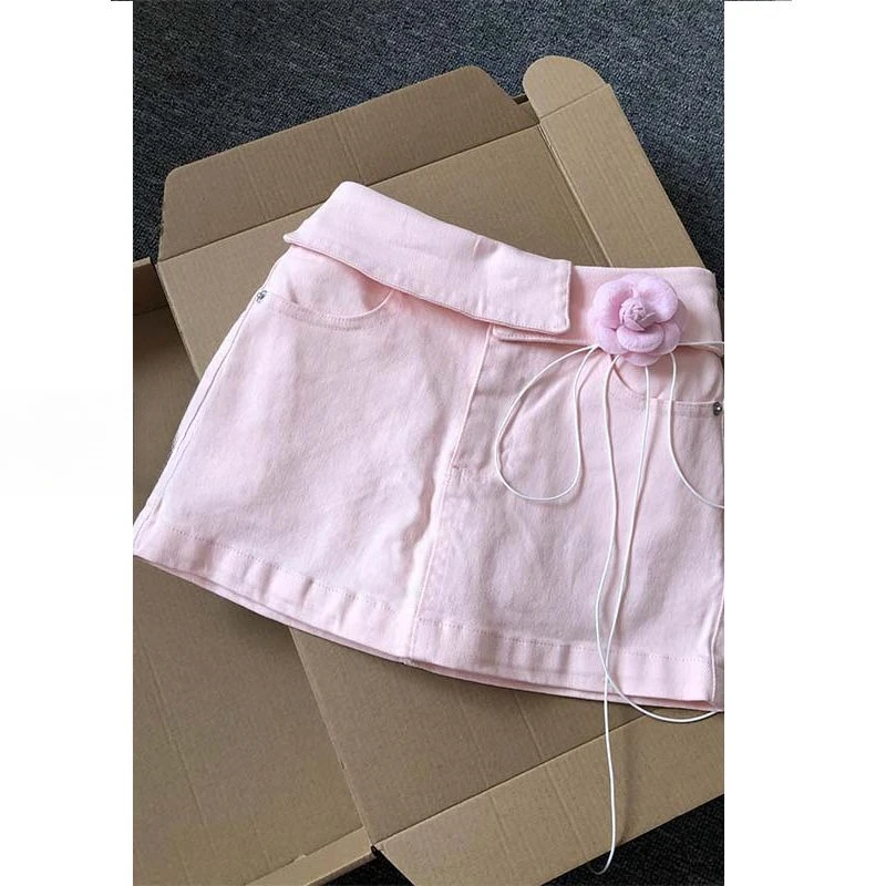

High Waist Denim Skirt Women's Summer Retro Washed Pink Hip Skirt Korean Short Skirt