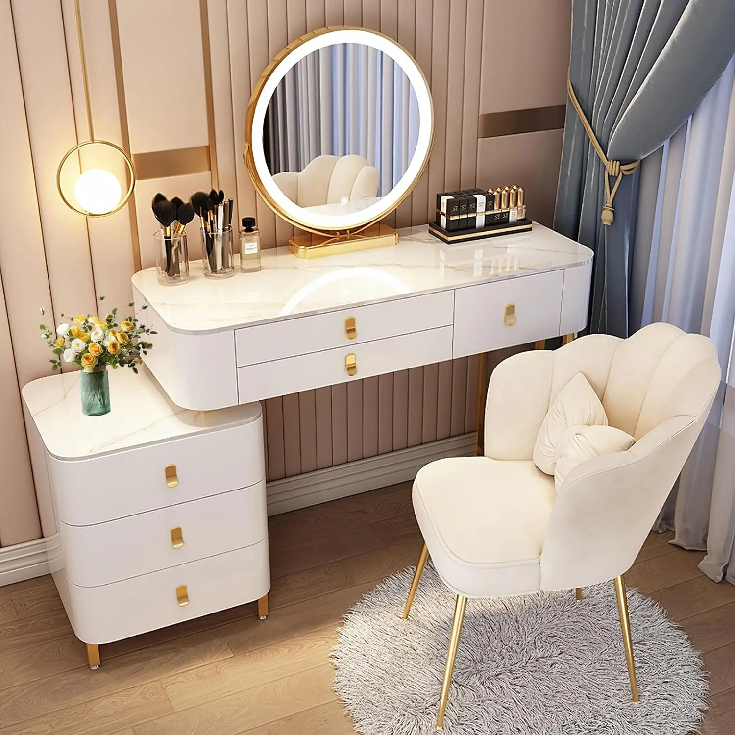 Luxury Vanity Desk with Mirror and Lights,2024 Latest Upgrade Material Vanity Table with Movable Cabinet,6 Drawers and Chair