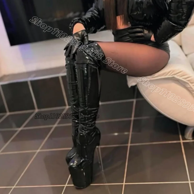 Schwarze Metallabsatz-Sexy-Stiefel mit Rundem Zeh und 30CM Plateau, Neue Lackleder-Overknee-Stiefel für Damen, Tanz- und Freizeitschuhe, Zapatos Para Mujere