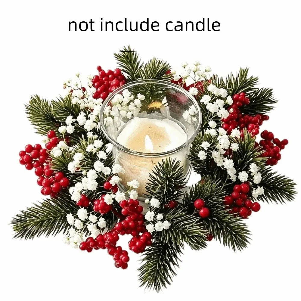 Red Berry Christmas Wreath Candlestick Pinecone Pine Needle Wreath Candle Holder Table Decoration Home Ornaments