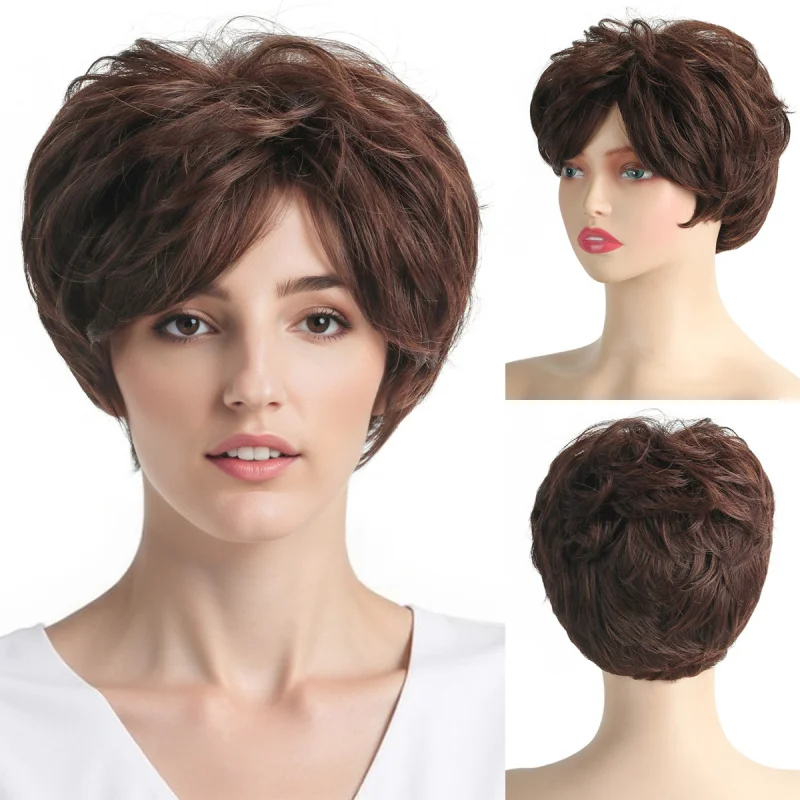 European American style wig for middle-aged and elderly women, brown fluffy short curly synthetic hair, rose net full head w