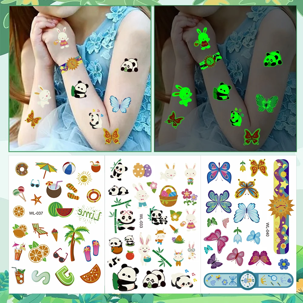 1pc Luminous Tattoos Mixed Styles Temporary Tattoo Stickers Glow In The Dark Tattoos For Kids Panda/Rabbit/Butterfly Fake Tattoo