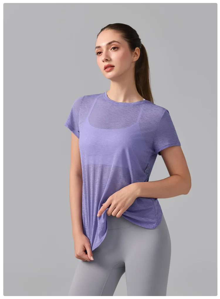 Damen Yoga-Überziehshirt mit strukturierter, kurzer Ärmelform, ausgestelltem Design, atmungsaktiv, schnelltrocknend, ideal für Pilates und Fitnessstudio. – Detail 18