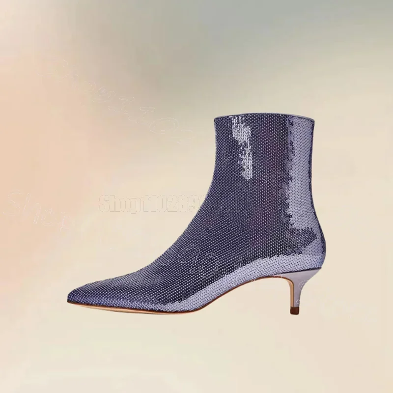 

Purple Sequins Decor Pointed Toe Ankle Boots Side Zipper Women Shoes Thin High Heels Party Feast Dating 2024 Zapatos Para Mujere
