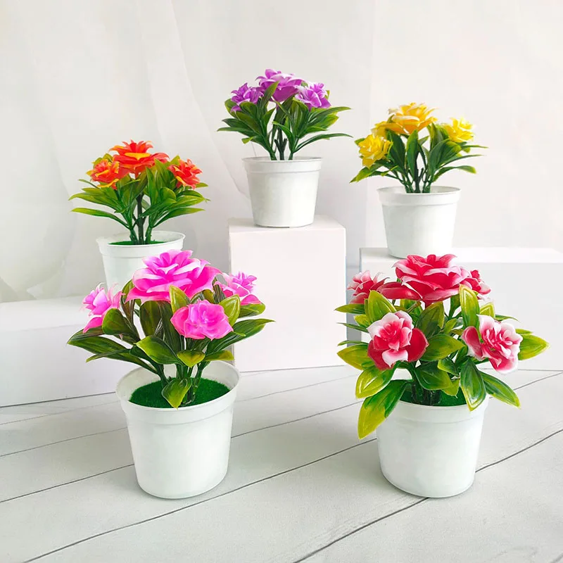 Artificial Flower Potted Desktop Fake Plants Bonsai Plastic Fake Flower Potted Plant Home Garden Decor Wedding Decoration