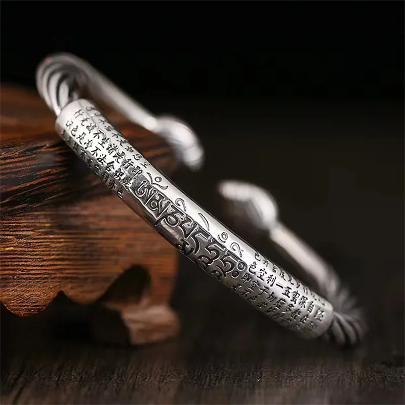 

Full Silver 999 Vintage Six Character Truth Bracelet Men's Heart Sutra Open Bracelet Vintage Twisted Wire Bracelet Men's