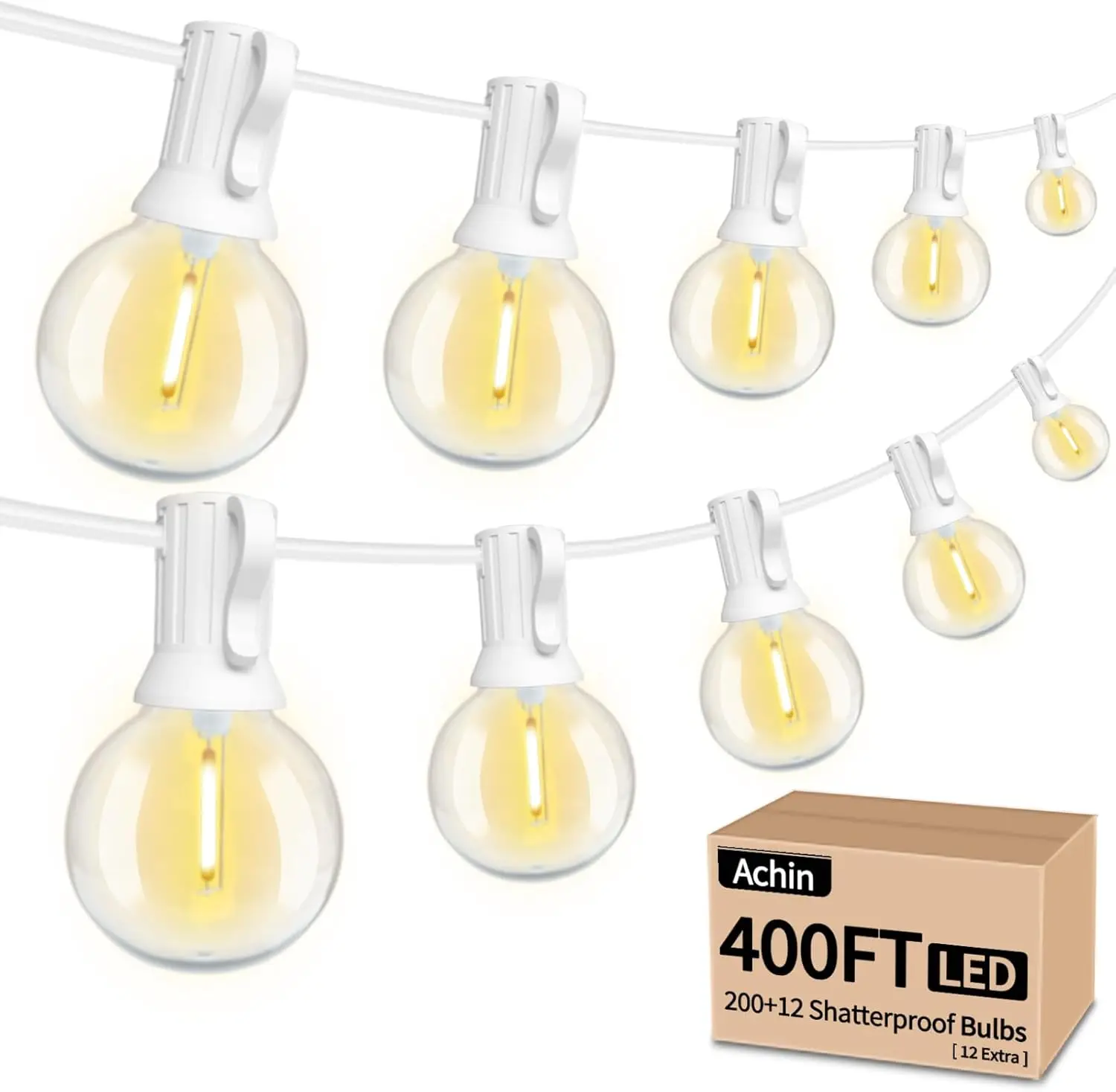 

400FT Outdoor String Lights with 212 LED Bulbs, Shatterproof G40 Globe, Waterproof, Dimmable, 2700K White Wire