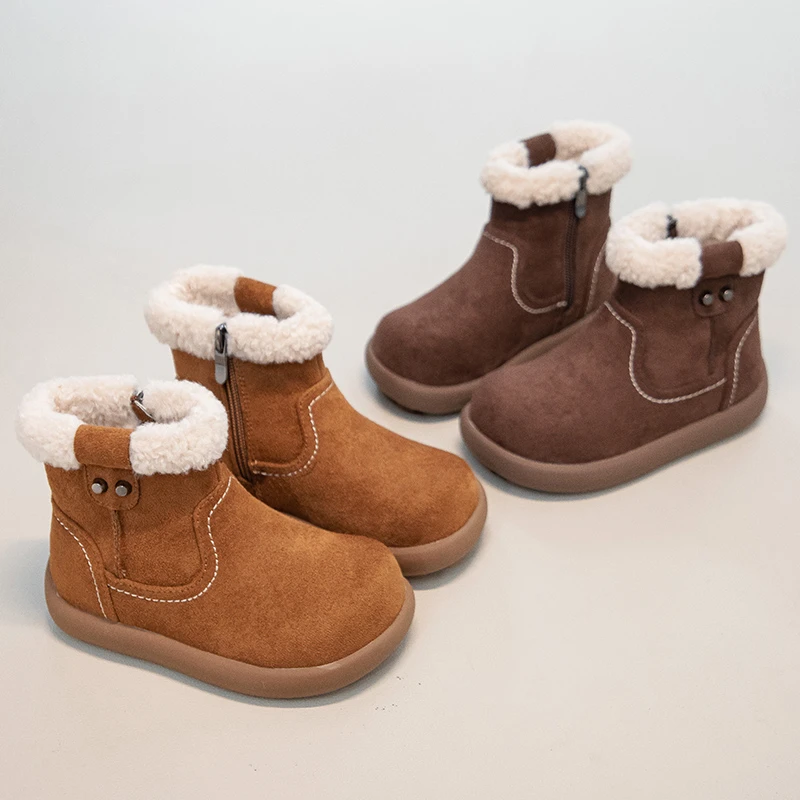 

Kids Warm Fleece Lined Boots for Girls 2025 New Winter Kids Leather Boots Non-slip Simple Versatile Kid School Snow Boots Age5-8