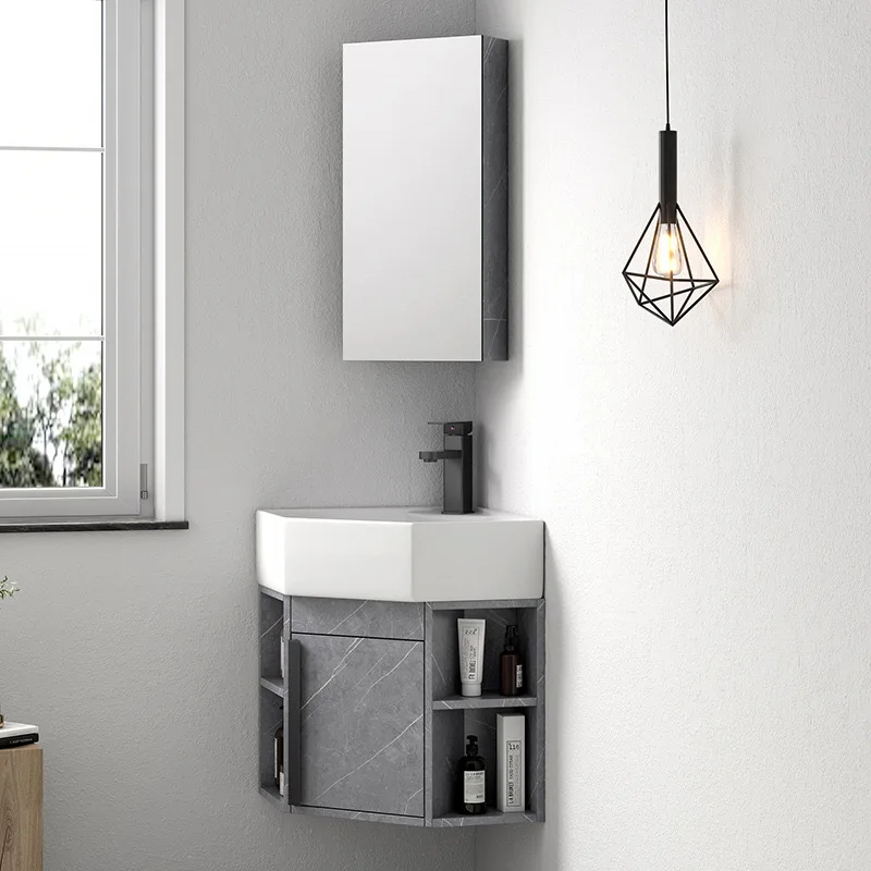 Modern Triangular Mirrored Bathroom Vanity Cabinet Set Corner Sink Cabinet Combination Space Saving Restroom Unit