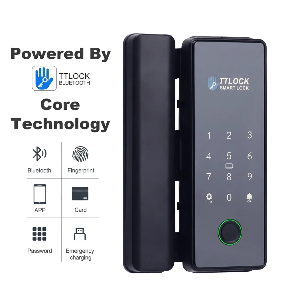 Commercial Biometric Fingerprint Digital Password Rfid Card Built-in Doorbell Ttlock Smart Glass Lock for Framed Glass Door