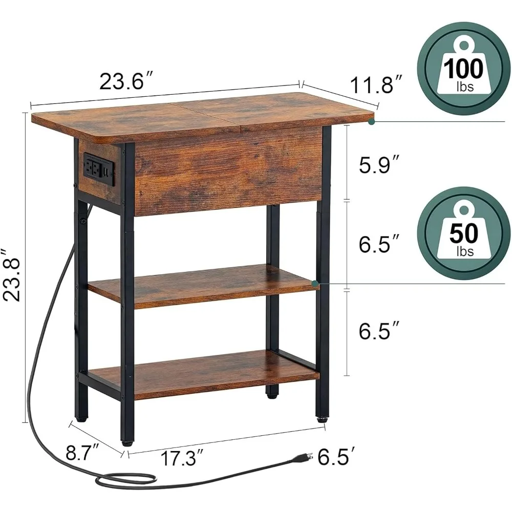 طاولة جانبية قابلة للطي مع محطة شحن USB ومنافذ وأرفف تخزين لمنضدة غرفة المعيشة وغرفة النوم #3