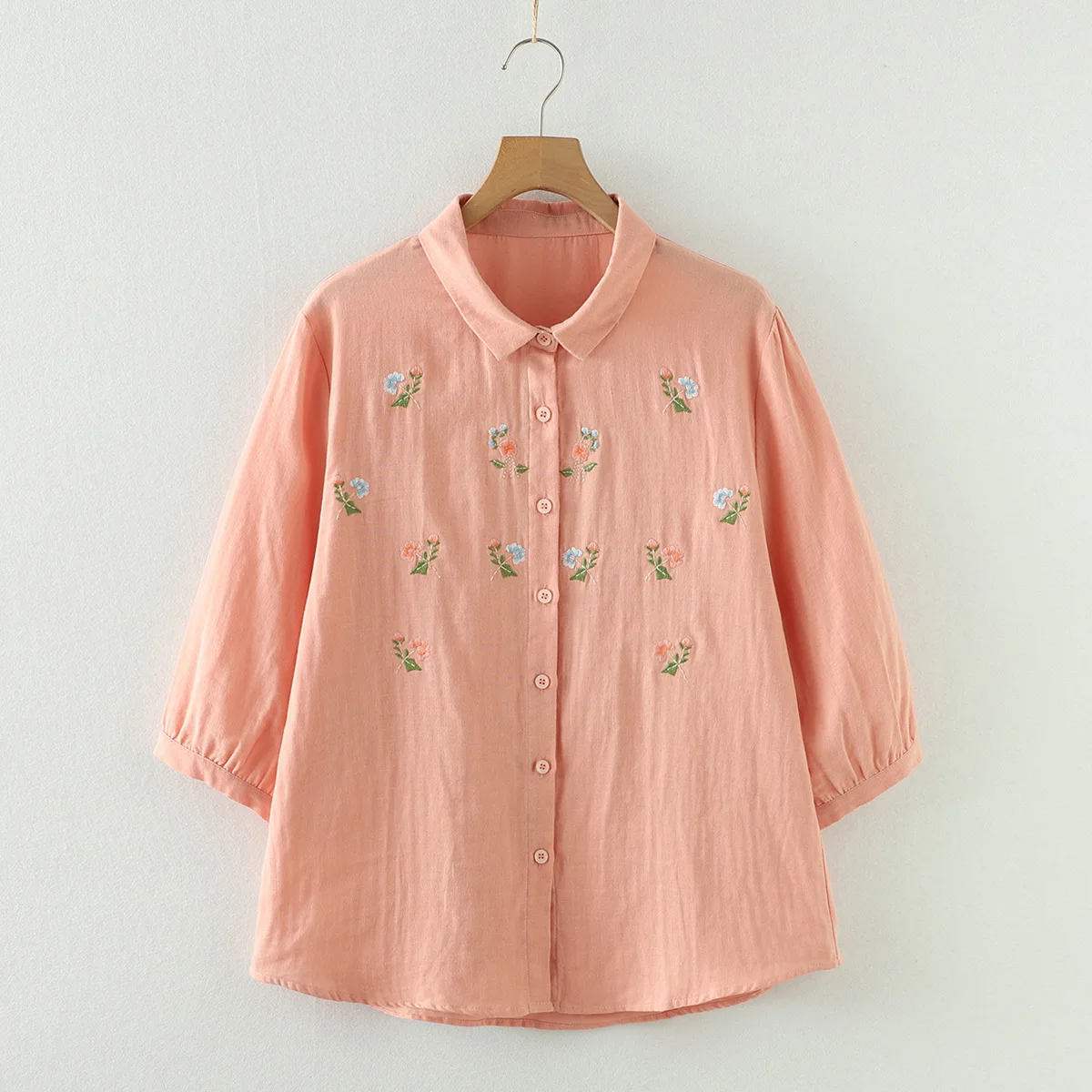 New Summer Cotton Yarn 3/4 Sleeve Shirts Lapel Embroidery Tops Commute Girl Casual Sweet Loose OL Blouse 2024 Autumn T465102QC