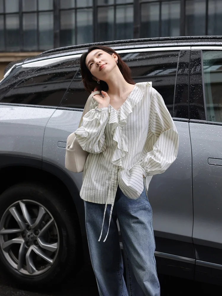 

Удобная хлопковая полосатая рубашка для женщин, повседневная, с длинными рукавами, на завязках на талии, модная, дышащая, из чистого хлопка.