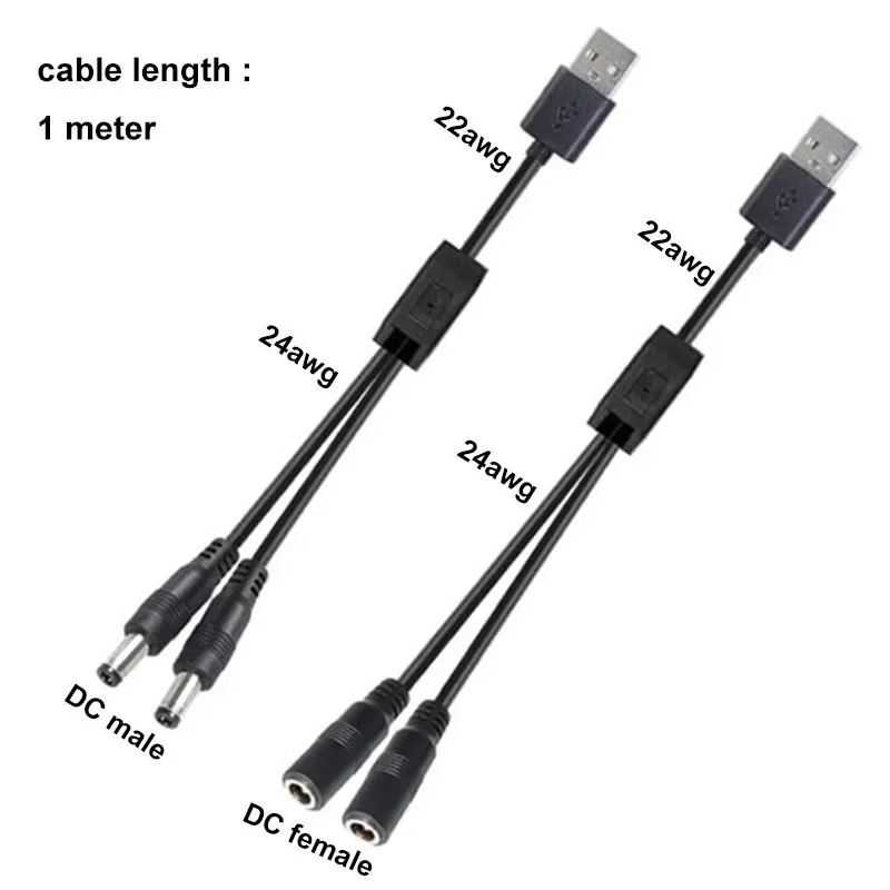 

3pcs USB 2.0 male to 2 way DC male Female Male Splitter Cable 22awg 3A plug 5.5x2.5mm Power supply Cord adapter Connector