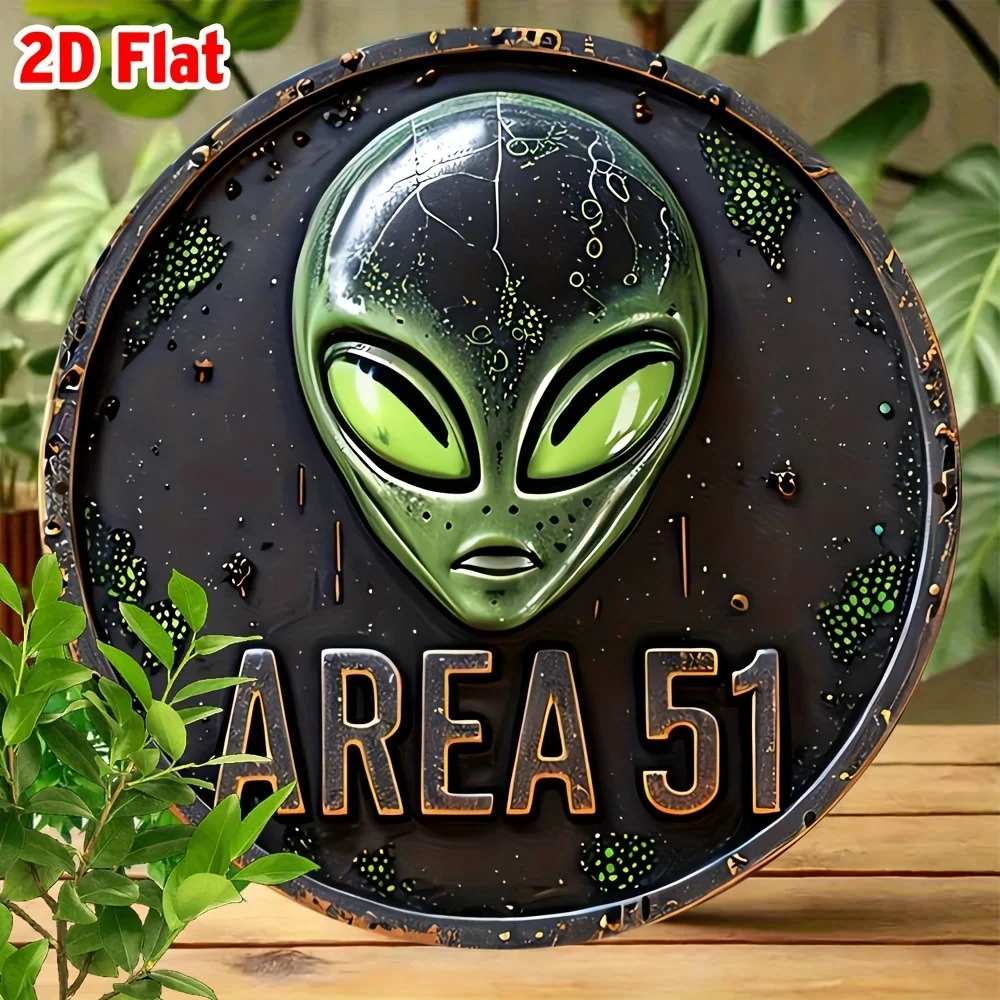 2D Flat, 2D Flat Round Vintage Area 51 UFO Alien Wall Sign - Retro Aluminum Metal Decor, 7.87x7.87 Inches, Indoor/Outdoor Use, G
