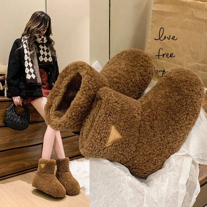 2025년 신상 여성용 양털 스노우 부츠 겨울용 따뜻한 플러시 앵클 부티 플랫폼 숏 부츠 퍼 안감 미끄럼 방지 밑창