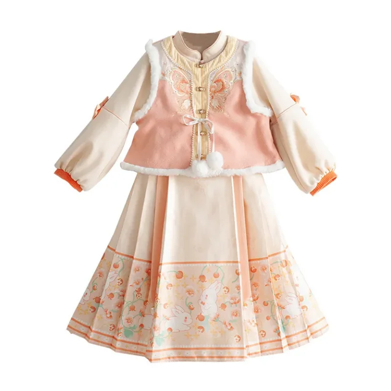 Girls\' Chinese Hanfu Dress Casual Cute Embroidery Imitation Ming Dynasty Hanfu Three Piece Set Dress