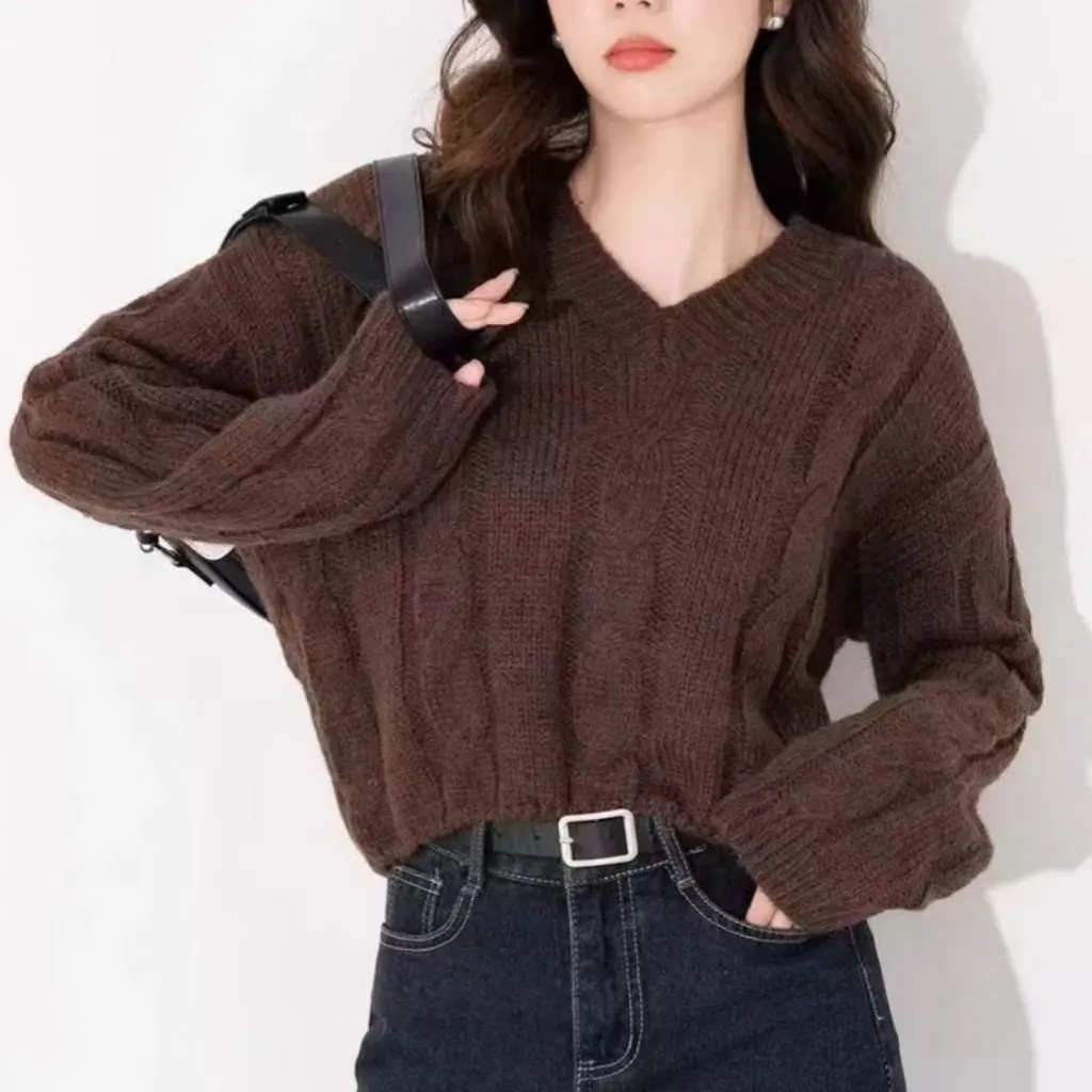 

Women's V Neck Twist Inner Knitwear Pure Color Casual Pullover Autumn Winter New Exclusive Fashion Top