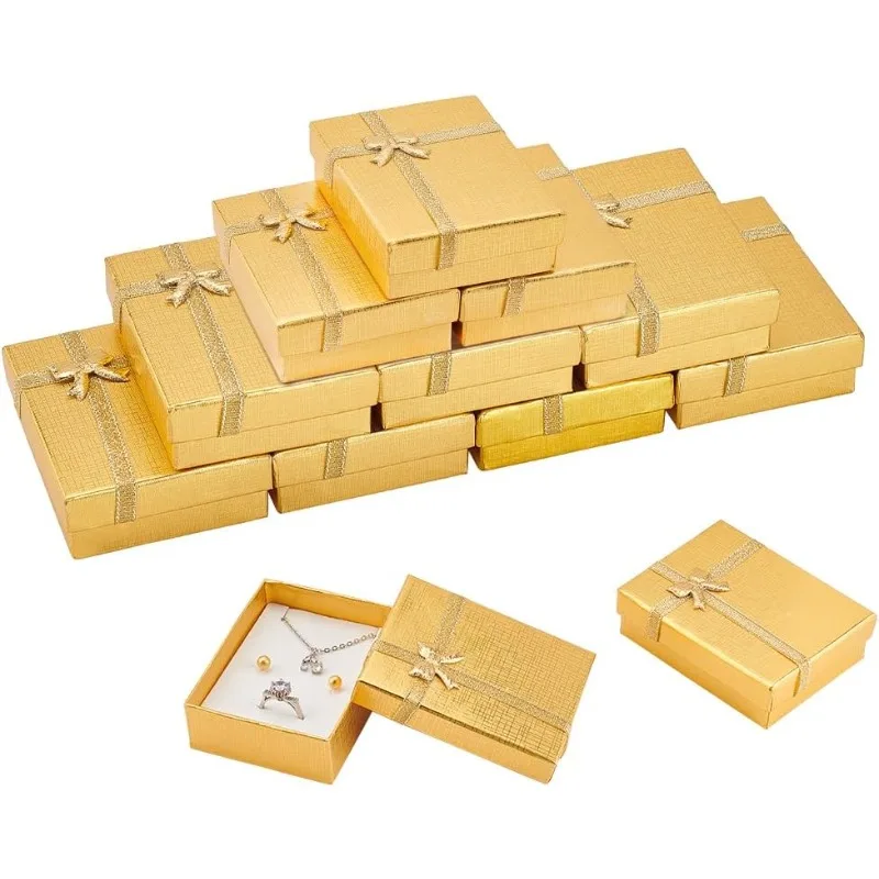 

12 Pack Gold Kraft Cardboard Jewelry Gift Boxes Necklace Ring Box 3.5x2.5x1 with Bows for Anniversaries Weddings Birthdays