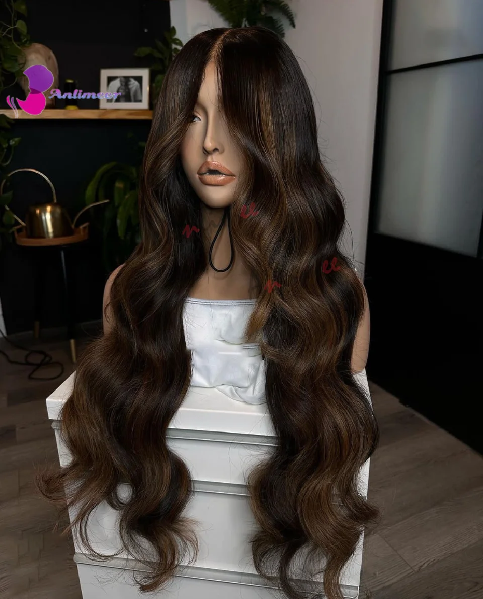 Glueless Lace Front Perucas, Silk Base Frontal Perucas, Body Wave Cabelo Humano, Dark Brown Highlight, Long, 13x4 ou 5x5