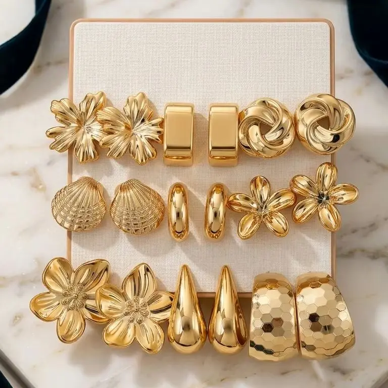 9 Pairs Gold Color Exaggerated Earrings Set For Women Fashion Flower Leaf Stud Hoop Earrings Party Daily Wear Jewelry Gifts