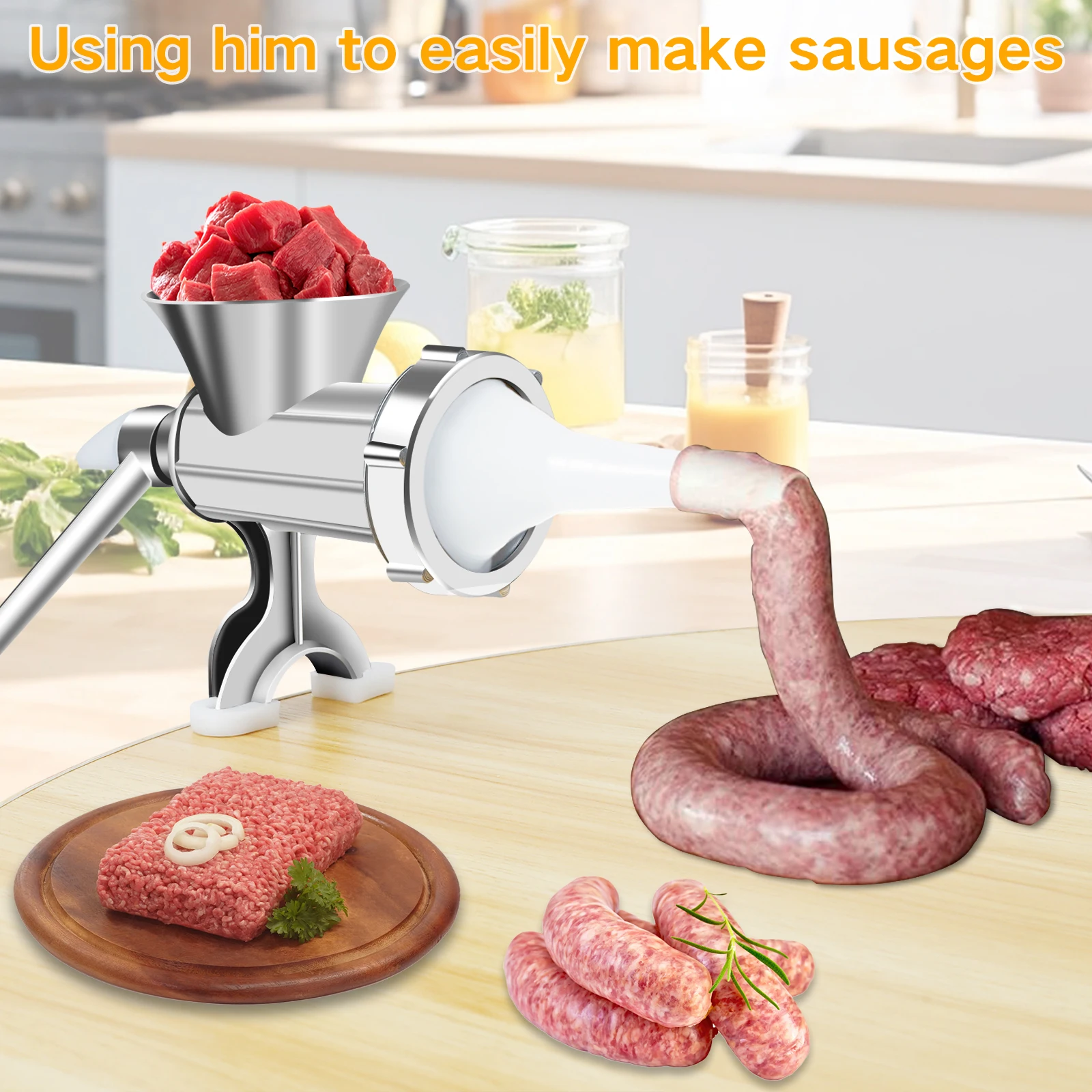 Manual Meat Grinder Meat Crank Rustproof  Sausage Maker Table Mount Pork Mincer with 3 Sausage Maker Tube Meat Grinding Machine