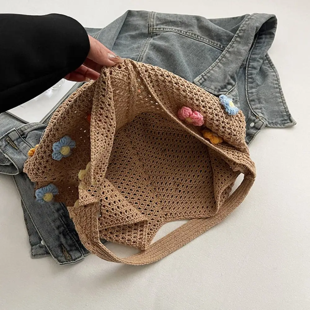 

Плетеная сумка с цветочной нитью, большая сумка в богемном стиле, пляжная сумка, пляжная сумка, большая вместительная полая сумка на плечо для девочек