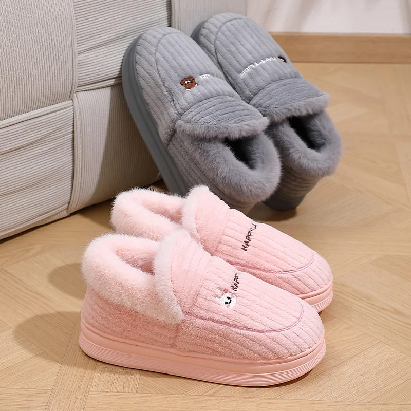 Winter Warm Slippers Women Men 4cm Thick Platform Corduroy House Shoes Cute Bunny Full Heel Plush Fleece Lined Indoor Home Boot view 5
